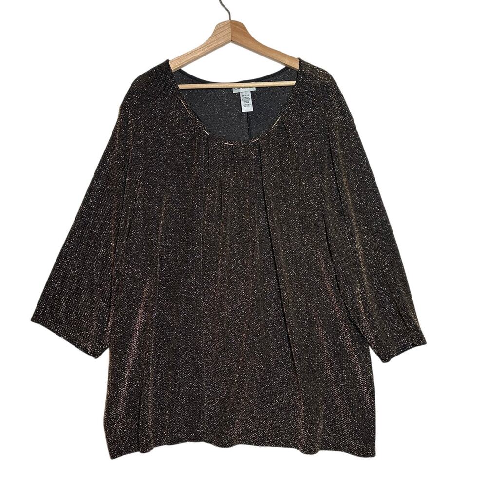 Catherines Metallic Black Gold Shimmer Blouse Top Pleated 3/4 Sleeves 4X Holiday